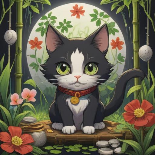 A black and white cat surrounded by symbols of good luck, such as coins, four-leaf clovers, and lucky bamboo, harmonious atmosphere, mystical energy swirling around, vibrant floral patterns in the background, whimsical style, detailed textures, enchanting lighting, 4k