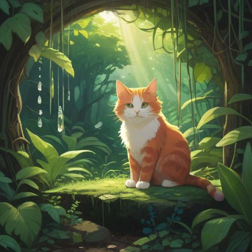 A serene garden scene with a stray cat, sunbeams filtering through lush green leaves, symbolic elements like feathers and crystals, a sense of peace and tranquility, capturing the spiritual significance of feline presence, vibrant flowers surrounding the cat, harmonious colors, soft textures, evoking a mystical atmosphere, 4k