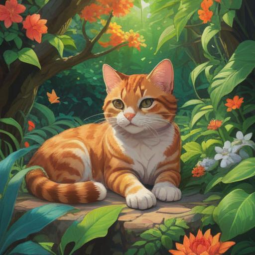 A serene garden scene, wild cat peacefully lounging, vibrant flowers surrounding, soft sunlight filtering through leaves, a feeling of tranquility and connection, spiritual symbolism, nature's harmony, enchanting atmosphere, 4k