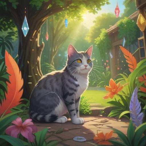 A peaceful garden scene, a stray cat entering with curiosity, soft sunlight filtering through the trees, symbolic objects like feathers and crystals scattered around, subtle hints of spiritual energy, a sense of calm and connection to nature, vibrant flowers in bloom, tranquil ambiance, 4k