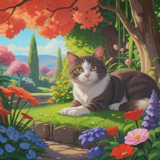 A charming scene of a stray cat resting in a beautifully landscaped garden, vibrant flowers blooming around, a soft sunlight filtering through the leaves, the cat appearing content and playful, surrounded by lucky charms like four-leaf clovers and shimmering coins, a sense of serenity and happiness, inviting good fortune, vivid colors, detailed flora, 4k