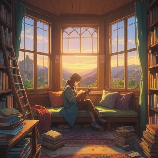 A serene scene depicting a cozy reading nook, warm sunlight filtering through a window, a person surrounded by books, a small table holding a steaming cup of tea, gentle shadows playing on the walls, inviting atmosphere, sense of tranquility and focus, 4k