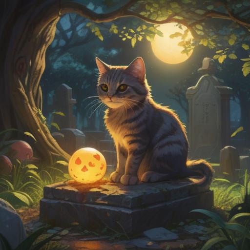 A serene scene featuring a stray cat sitting atop a gravestone, surrounded by soft glowing orbs, ethereal light filtering through trees, gentle breeze rustling leaves, calm nighttime atmosphere, symbolic representation of spiritual guidance, mysterious and soothing vibes, 4k