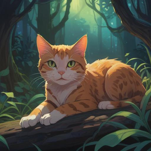 A contemplative scene featuring a stray cat, ethereal glow around its body, ominous shadows in the background, subtle hints of nature's decay, mystical symbols in the air, a somber yet serene atmosphere, symbolic representation of intuition and awareness, 4k