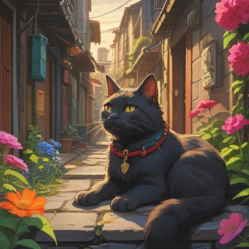 A stray cat lounging peacefully in a sunlit alley, surrounded by vibrant flowers, a delicate lucky charm hanging from its collar, a subtle aura of protection, soft shadows casting gentle patterns on the ground, capturing the essence of life and death, tranquil yet evocative atmosphere, 4k