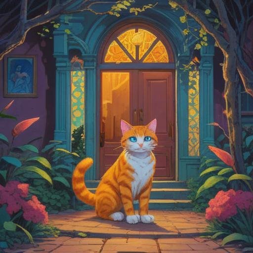 A stray cat visiting in front of the entrance, symbolizing spiritual guidance, serene atmosphere, mystical presence, connection between the physical and spiritual realms, gentle feline grace, warm light illuminating the scene, soft focus on the entrance, inviting home environment, 4k