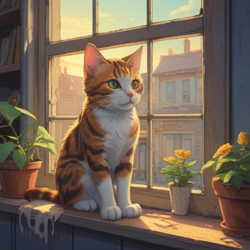 A serene scene featuring a stray cat sitting gracefully on a sunlit windowsill, ethereal light surrounding it, symbolic elements like dreamcatchers and glowing orbs in the background, tranquil atmosphere, hints of nature with plants and flowers, a sense of calm and spiritual awakening, inviting and hopeful vibe, 4k