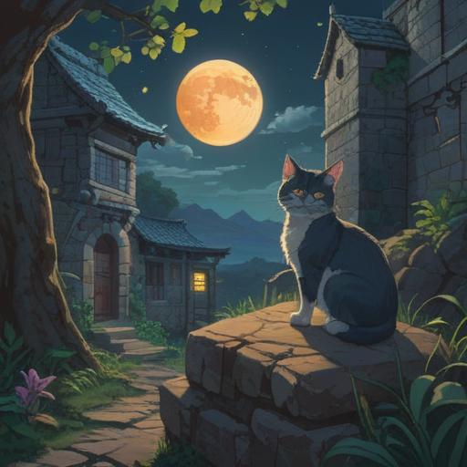 A mystical scene featuring a stray cat perched on an ancient stone wall, glowing eyes reflecting the moonlight, surrounded by shimmering orbs of light, ethereal mist swirling around, hints of nature with flowers blooming in the background, a sense of spiritual presence, enchanting atmosphere, 4k