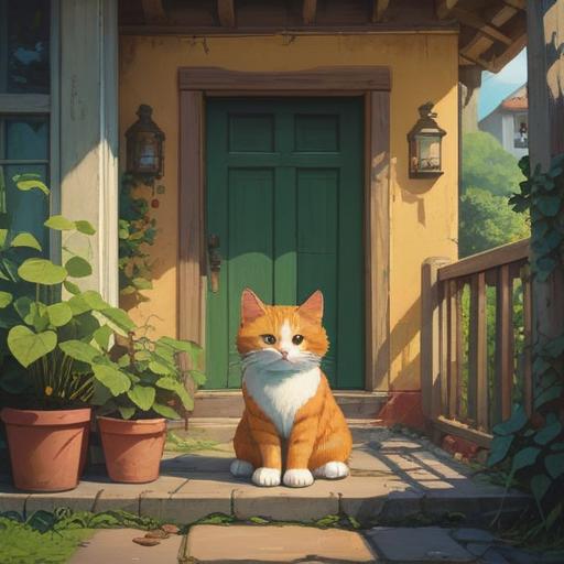 A charming illustration of a stray cat sitting in front of a house entrance, symbolizing good luck, gentle sunlight illuminating the scene, a potted plant beside the door, inviting atmosphere, rich details in the cat's fur, vibrant colors, warm and cozy setting, 4k