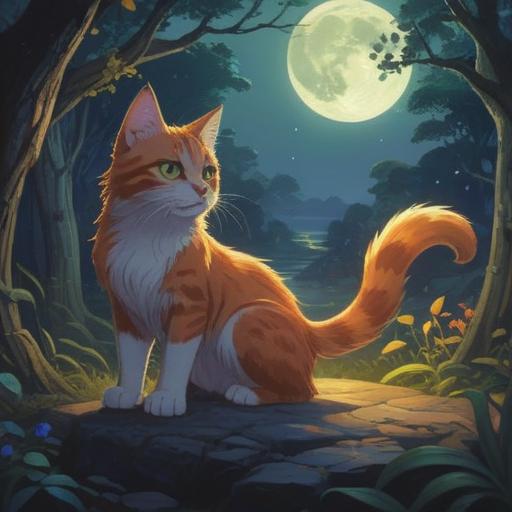 A spiritual scene featuring a stray cat staring intensely, mystical aura surrounding, deep gaze conveying wisdom, soft moonlight illuminating the fur, serene night setting, enchanting forest background, ethereal glow, symbolic representation of intuition and awareness, 4k