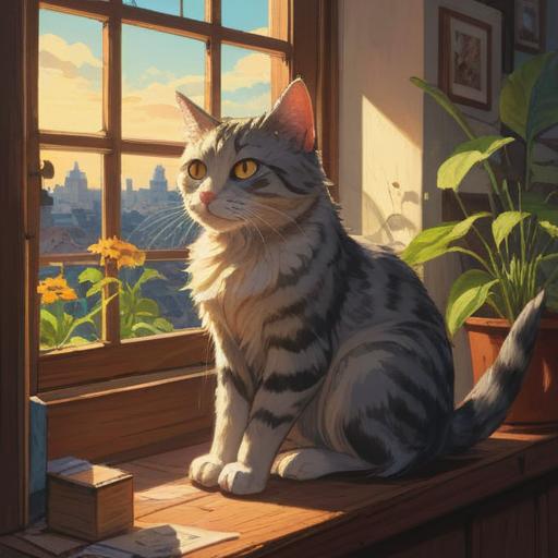 A serene scene of a stray cat perched on a sunlit windowsill, its gaze focused and mystical, soft rays of light illuminating its fur, surrounded by gentle plants, an aura of peace and spirituality emanating, capturing a moment of connection with nature, deep reflective eyes, warm and inviting atmosphere, 4k