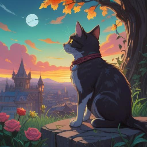 A serene scene of a stray cat gazing thoughtfully into the distance, mystical light surrounding it, symbols of spirituality subtly integrated in the background, a calm and meditative atmosphere, nature elements like trees and flowers adding to the tranquility, hints of ethereal energy, capturing the essence of awareness and connection, 4k
