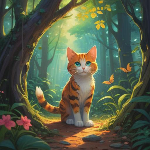 A lucky charm moment with a stray cat gazing intently, enchanting aura, soft sunlight filtering through trees, vibrant fur textures, playful atmosphere, serene urban setting, whimsical details like flowers and butterflies, heartwarming interaction, 4k