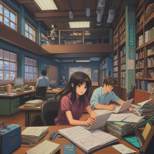 A detailed visual representation of a busy office space, diverse team members collaborating around a large conference table, stacks of papers and laptops scattered, brainstorming session in progress, teamwork and communication emphasized, bright lighting and modern decor, 4k