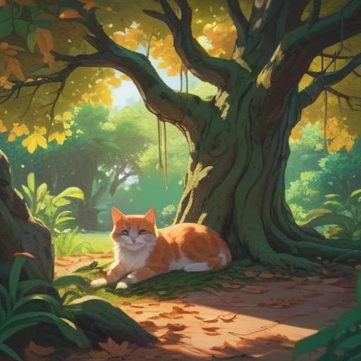 A serene moment in nature, a stray cat lounging under a tree, gentle sunlight filtering through the leaves, an aura of tranquility, symbolic representation of independence and curiosity, mystical ambiance, harmony with surroundings, soft grass and wildflowers, exploring the connection between the spiritual and the earthly, 4k