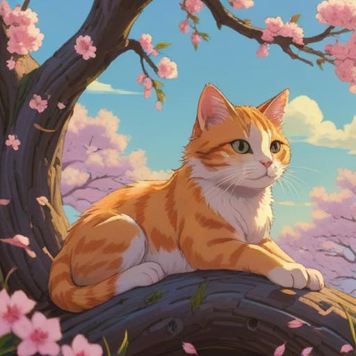 A serene scene featuring a stray cat sitting peacefully under a cherry blossom tree, soft sunlight filtering through the branches, symbolic elements like a gentle breeze and floating petals, an aura of tranquility and spiritual awakening, representing good omens and positive energy, harmonious surroundings, dreamlike atmosphere, 4k