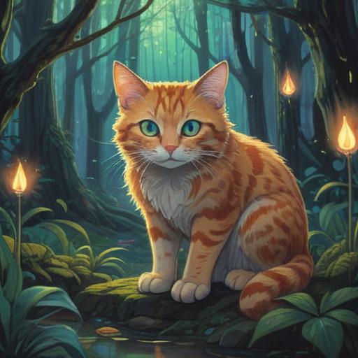 A spiritual illustration depicting a stray cat with glowing eyes, surrounded by an ethereal aura, mystical symbols floating around, a serene forest backdrop, soft moonlight filtering through the trees, the cat gazing intently, conveying a sense of intuition and awareness, capturing the essence of spiritual signs, 4k