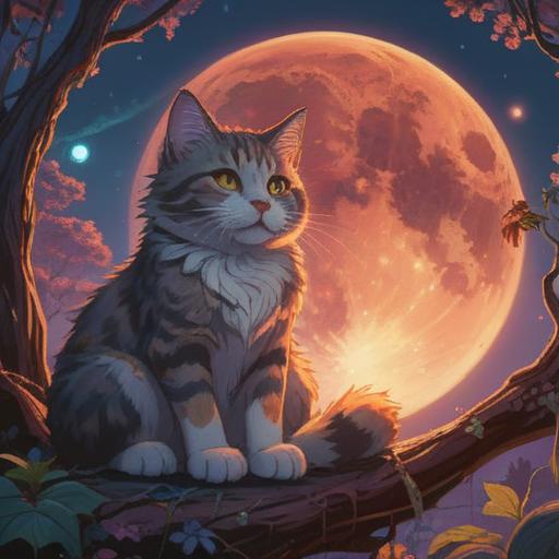 A serene scene featuring a stray cat sitting peacefully under a full moon, ethereal light illuminating its fur, surrounded by glowing orbs representing spiritual energy, soft shadows in a tranquil night setting, lush greenery in the background, symbolizing freedom and connection to nature, calm atmosphere, mystical aura, 4k