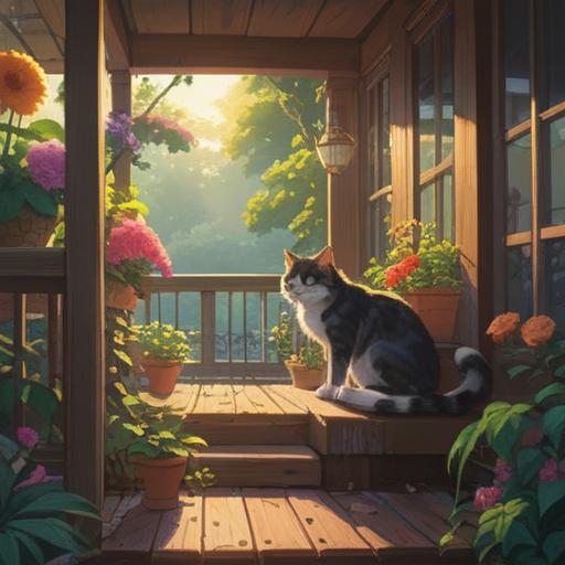 A mystical scene featuring a stray cat perched on a sunlit porch, soft rays of light illuminating its fur, surrounded by blooming flowers, an aura of tranquility, the cat gazing intently as if sharing wisdom, a symbol of spiritual guidance, enchanting atmosphere, gentle breeze rustling leaves, harmonious balance between nature and the cat's presence, 4k