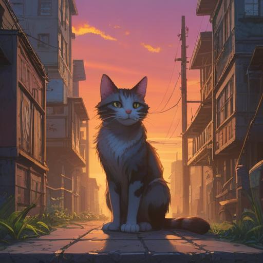 A mystical moment when encountering a stray cat, soothing urban backdrop, gentle sunset lighting, a silhouette of the cat with an aura, hints of vibrant energy surrounding it, symbolism of intuition and awareness, serene atmosphere, intriguing visuals, 4k