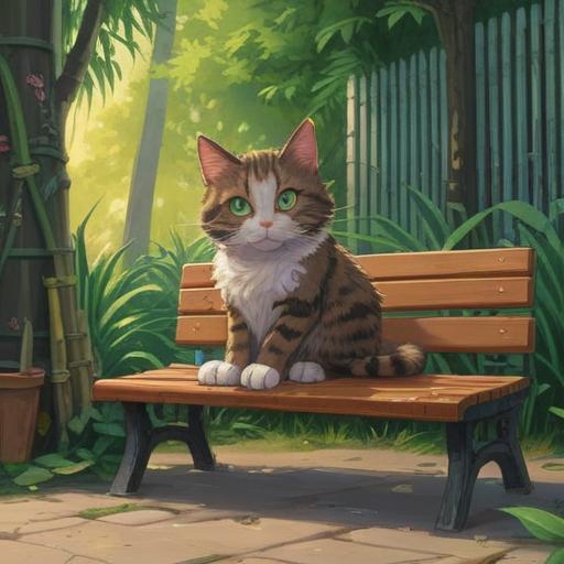 A serene urban scene featuring a stray cat, sitting gracefully on a park bench, surrounded by various lucky charms like a bamboo plant, maneki-neko figurines, and lucky coins, soft sunlight filtering through the trees, an inviting atmosphere, intricate details in the background, capturing the essence of good fortune, vibrant colors, whimsical elements, 4k
