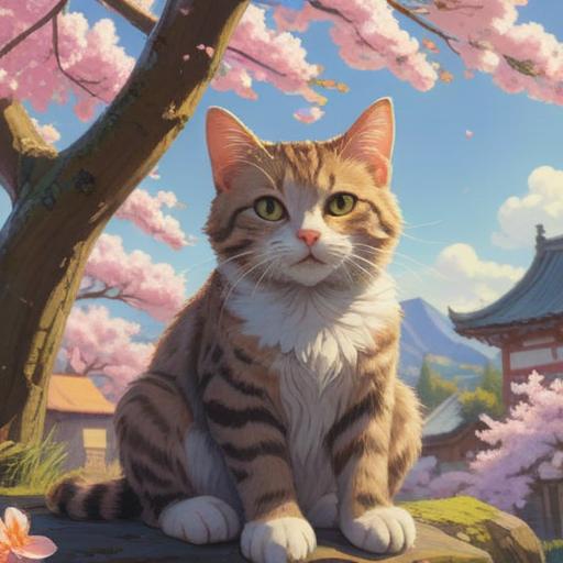 A serene scene of a stray cat sitting peacefully under a blooming cherry blossom tree, ethereal sunlight filtering through the petals, an aura of tranquility surrounding the cat, vibrant colors depicting a sense of harmony, the cat gazing thoughtfully into the distance, gentle breeze rustling the blossoms, a feeling of spiritual guidance and auspicious omens, 4k