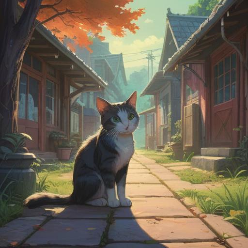 A serene outdoor scene of a stray cat approaching a person, gentle gaze, subtle spiritual symbols in the air, glowing aura surrounding the cat, soft natural lighting, green grass and colorful flowers, peaceful atmosphere, connection between human and animal, hints of intuition and trust, 4k