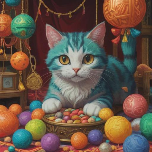 A charming scene of a stray cat becoming affectionate, surrounded by lucky items like a small lucky cat figurine, colorful cat toys, a cozy blanket, and a gentle sunlight filtering through the trees, a peaceful outdoor setting, serene atmosphere, illustrating the bond between a human and the cat, vibrant colors, whimsical details, 4k