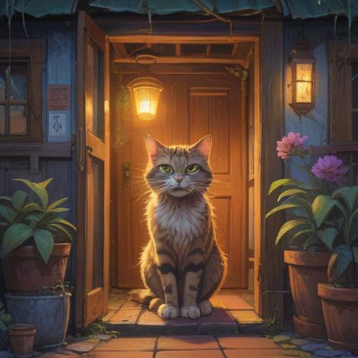 A spiritual illustration of a stray cat approaching a warm, inviting home, soft lighting, ethereal glow surrounding the cat, symbolism of comfort and connection, magical atmosphere, serene environment, detailed depiction of the house and garden, harmonious colors, 4k