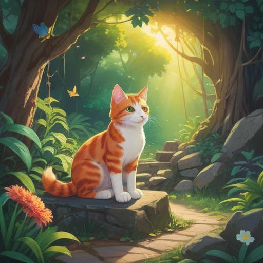 A serene scene depicting a stray cat visiting a tranquil garden, soft sunlight filtering through lush trees, the cat sitting peacefully on a stone path, surrounded by blooming flowers, an aura of calmness and spirituality, gentle breeze rustling leaves, vibrant colors, warm and inviting atmosphere, 4k
