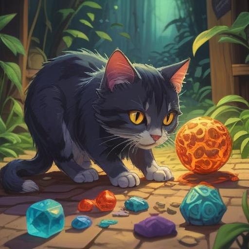 A charming scene of a stray cat discovering a lucky item, the cat curiously observing a colorful trinket on the ground, surrounded by a vibrant urban setting, warm sunlight filtering through leaves, curious expressions, soft shadows and highlights, vibrant colors, 4k
