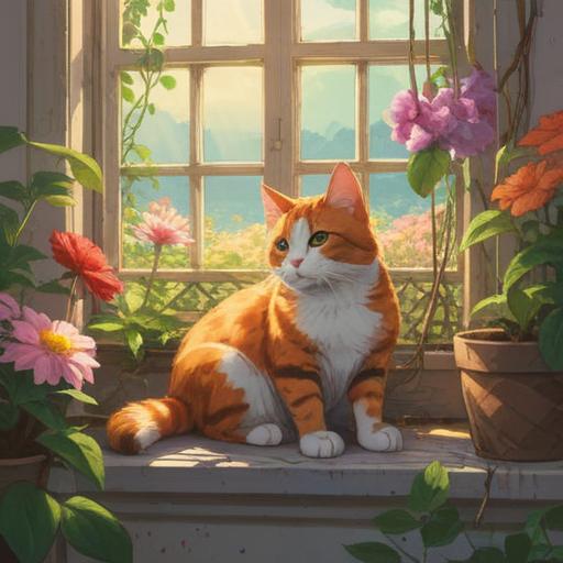 A serene illustration of a stray cat sitting peacefully on a sunlit windowsill, surrounded by blooming flowers, soft sunlight filtering through the leaves, the cat gazing thoughtfully into the distance, a sense of tranquility and inner richness emanating from its presence, cozy interior with warm colors, gentle shadows, 4k