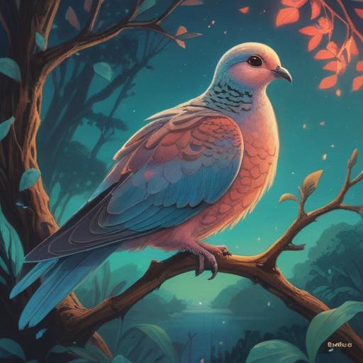A serene illustration of a turtle dove perched on a branch, ethereal glow surrounding it, representing peace and love, natural landscape in the background, soft pastel colors, tranquil atmosphere, spiritual symbolism, harmonious connection with nature, gentle light illuminating the scene, 4k