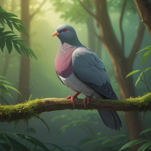 A serene scene featuring a wood pigeon gracefully perched on a branch, surrounded by a lush green forest, soft sunlight filtering through the leaves, an aura of tranquility, symbolizing positive energy and spiritual guidance, detailed feathers, vibrant nature, peace and harmony, 4k