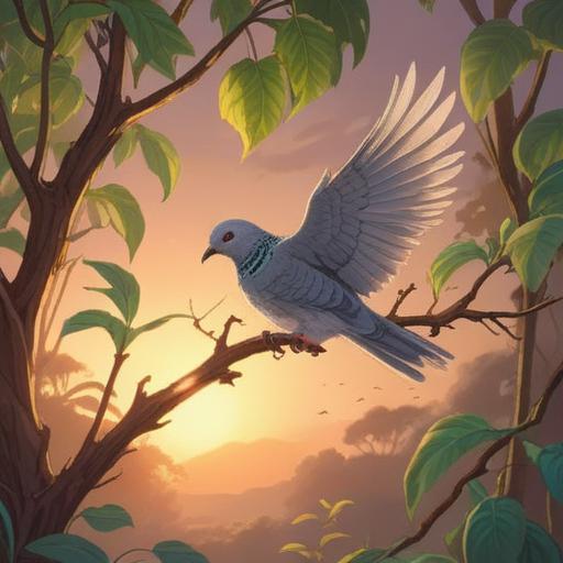 A serene nature scene featuring a wild dove perched on a branch, soft sunlight filtering through the leaves, a gentle breeze stirring the air, mystical symbols subtly integrated into the background, a feeling of peace and enlightenment, rich green foliage, calm and reflective atmosphere, 4k