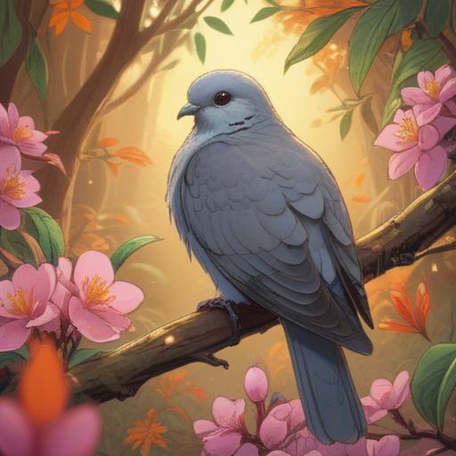 A serene illustration of a wild dove perched on a branch, surrounded by blooming flowers, sunlight filtering through the leaves, an aura of good luck, vibrant colors, peaceful atmosphere, symbolizing hope and fortune, detailed feathers, soft shadows, 4k