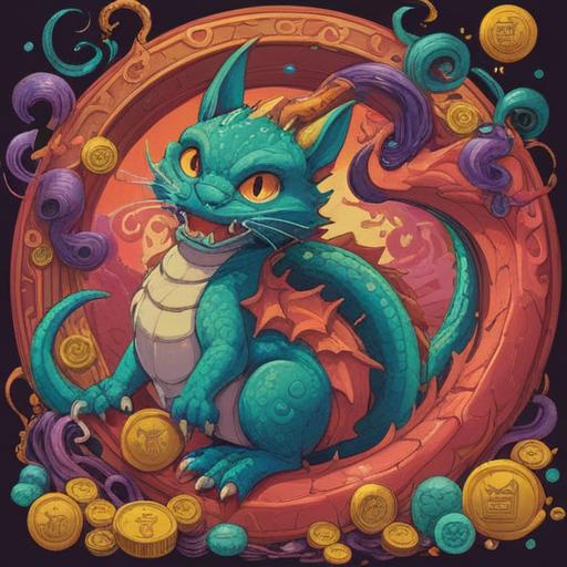 A vibrant illustration of animals symbolizing good fortune, a majestic dragon curled around a lucky coin, a cheerful cat with a raised paw, a playful rabbit surrounded by four-leaf clovers, a wise turtle carrying a pot of gold, rich colors, intricate details, harmonious composition, conveying positivity and prosperity, 4k