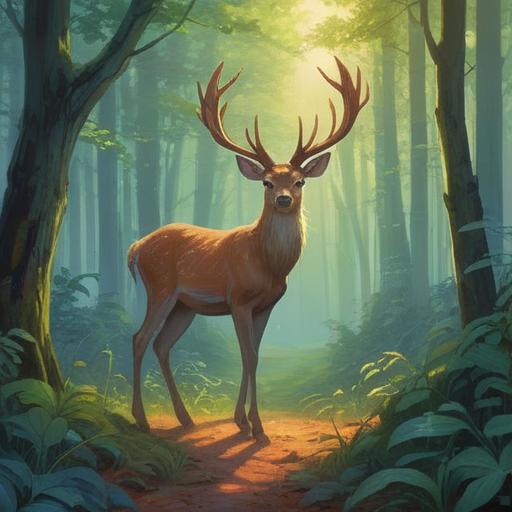 A serene forest setting, a majestic deer calmly observing a person from a distance, subtle mist surrounding the trees, ethereal light filtering through the leaves, a gentle reminder of spiritual connections, symbols of intuition and awareness represented by glowing orbs, emotional atmosphere, vibrant wildlife, harmony with nature