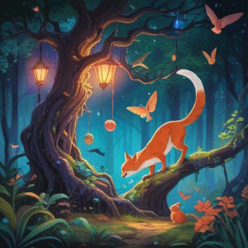 A captivating scene of a wildlife encounter, vibrant colors, a lucky charm hanging from a tree branch, diverse animals gathering around a sparkling charm, lush green forest setting, sunlight filtering through the leaves, mystical atmosphere, intricate details in the animals' fur and feathers, 4k