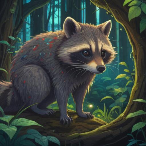 A wild raccoon in a mystical forest, surrounded by shimmering lights and ethereal plants, embodying spiritual energy, with vibrant colors and intricate patterns on its fur, a serene expression, capturing the essence of nature's connection, a sense of harmony and wisdom, 4k