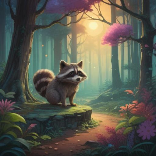 A serene forest scene, a wild raccoon at the center, surrounded by ethereal glowing orbs, delicate light filtering through the trees, ancient symbols etched on the bark, a calm atmosphere, nature's tranquility, spiritual signs represented by faint wisps of energy, 4k