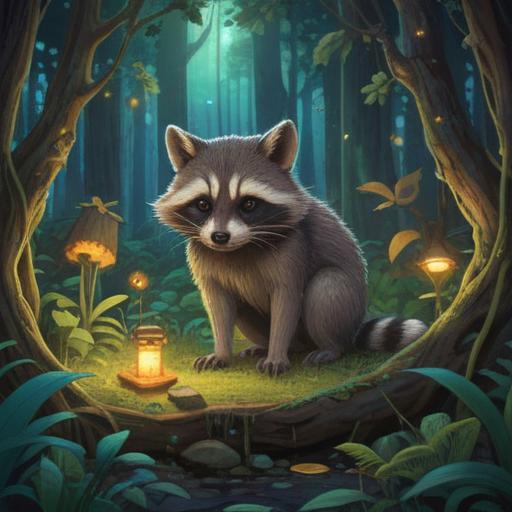 A mystical forest scene, a wild raccoon gazing at the viewer, surrounded by glowing spiritual artifacts, soft ethereal light illuminating the surroundings, whimsical plants and trees, a sense of tranquility and wonder, vibrant colors, enchanting atmosphere, intricate details in the artifacts, 4k
