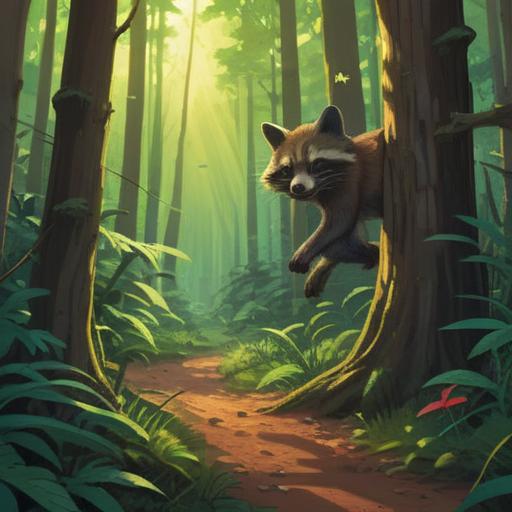 A wild raccoon encounter transforming your perspective, lush green forest, curious raccoon approaching, sunlight filtering through the trees, sense of wonder and discovery, vibrant flora surrounding, inviting atmosphere, magical realism, high detail, 4k