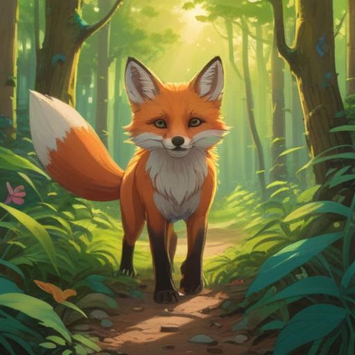 A serene forest setting, a wild fox gracefully walking amongst lush greenery, soft golden sunlight filtering through the trees, symbolizing spirituality and good omens, vibrant flowers blooming around, a sense of tranquility and connection to nature, detailed fur texture, captivating gaze of the fox, harmonious atmosphere, 4k
