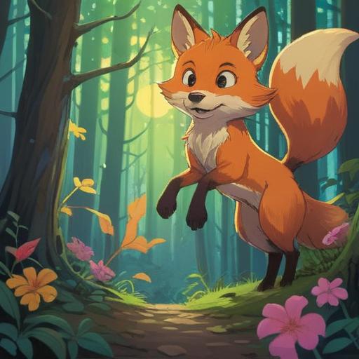 A lucky action after encountering a fox, a serene forest setting, the fox gracefully leaping away, sunlight filtering through the trees, a sense of wonder and luck in the air, vibrant greenery and colorful flowers, a moment of magical realism, high detail