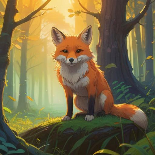 A serene forest scene, a curious fox standing at the edge of a tranquil clearing, golden sunlight filtering through the trees, a sense of wonder and magic in the air, gentle whispers of nature, vibrant greens and earthy tones, an atmosphere of discovery and insight, 4k