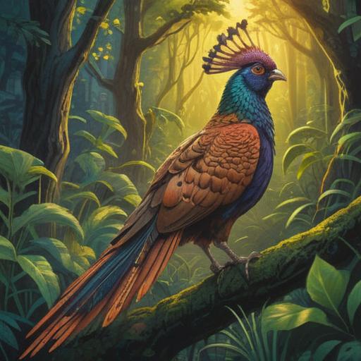 A vibrant depiction of a wild pheasant, symbolizing spirituality and freedom, surrounded by lush greenery, ethereal light filtering through the trees, representing transformation and renewal, intricate feather details, serene expression, mystical aura, harmonious nature setting, 4k