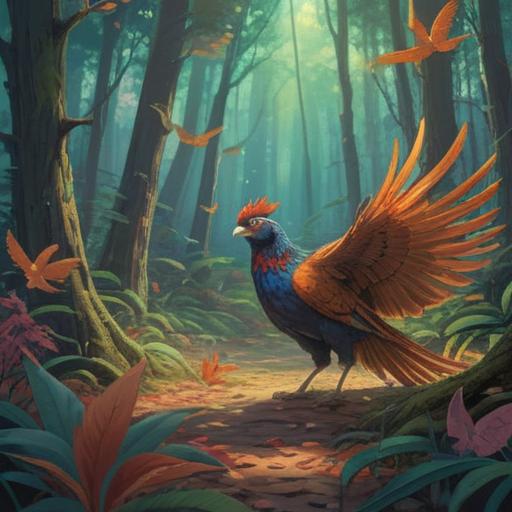 A wild pheasant appearing in a serene forest, vibrant colors, mystical atmosphere, ethereal light filtering through the trees, symbolic presence of nature, signs of transformation, spiritual connection with wildlife, peaceful surroundings, harmony between man and nature, captivating details, 4k
