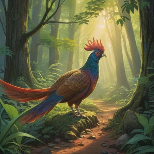A vibrant scene featuring a wild pheasant in its natural habitat, rich greenery surrounding it, sun rays filtering through the trees, a feeling of luck and magic in the air, a serene landscape with gentle hills, birds chirping in the background, bright colors representing good fortune, 4k