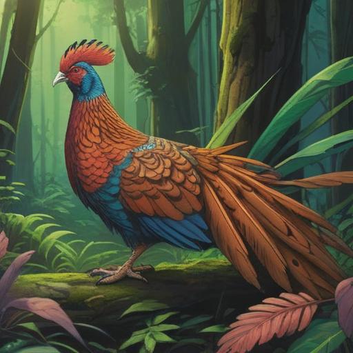 A serene illustration of a pheasant in a lush forest, symbolizing the wisdom gained from nature, intricate details on the pheasant's feathers, vibrant greenery surrounding it, soft rays of sunlight filtering through the trees, gentle stream in the background, peaceful ambiance, reflective nature theme, 4k